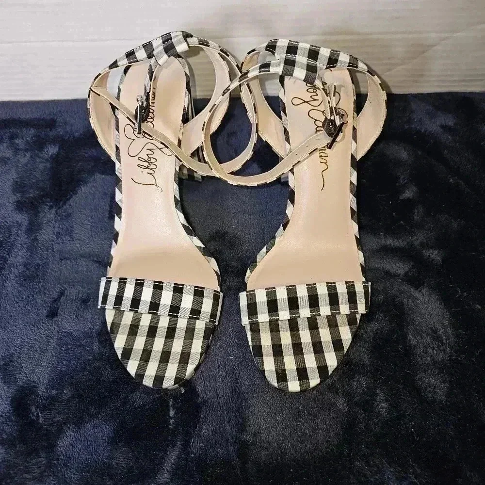 Libby Edelman Women's Strappy Gingham Block Check Heel Platform Sandals Sz 8